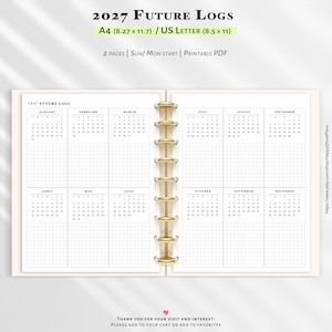 May include: A 2027 future log planner insert featuring two pages with monthly calendars from January to December. The layout includes grid sections for notes, gold-colored disc binding, and text specifying A4 8.27 by 11.7 inches or US Letter 8.5 by 11 inches.