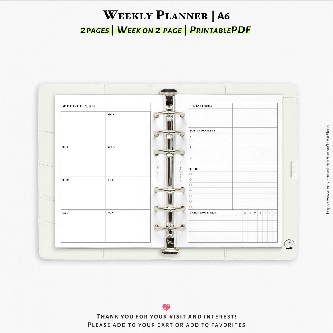 Weekly Planner, Printable Inserts for A6 Planner | WO2P | W209 - Etsy