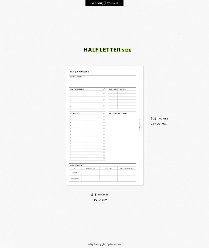 2024 Monthly Planner Printable Insert Half letter Planner MO2P 2024