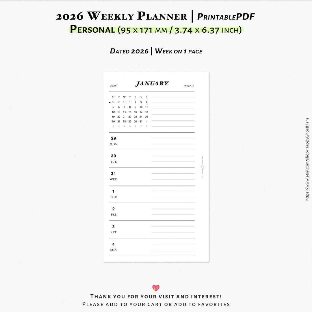 2026 Weekly Planner: Printable Personal Size Planner Inserts (PDF ...
