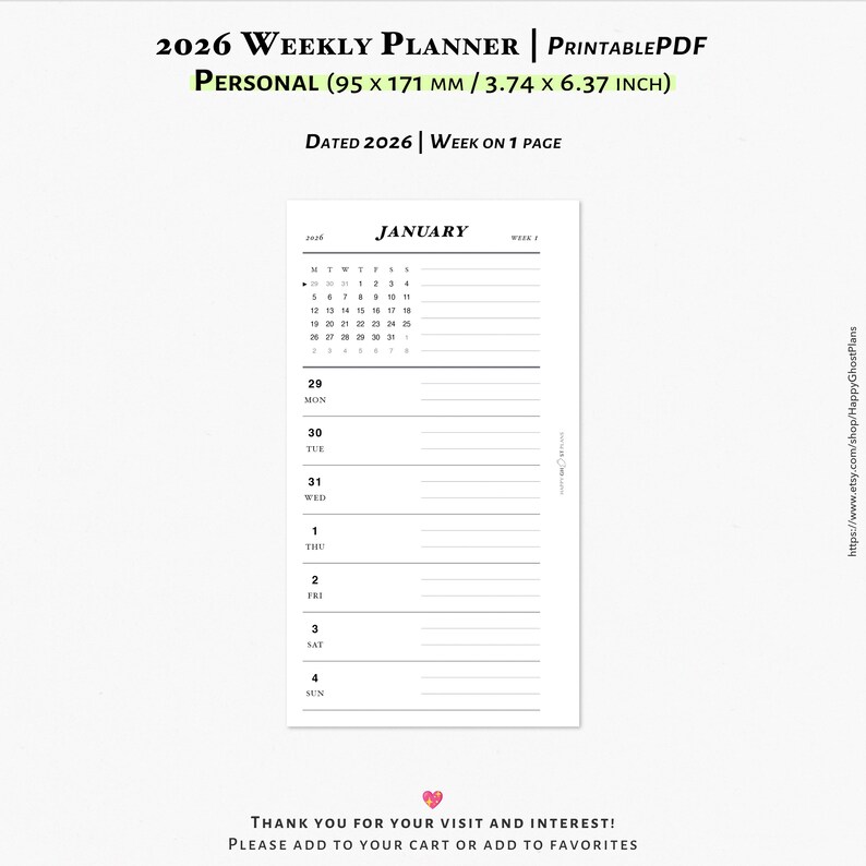 2026 Weekly Planner: Printable Personal Size Planner Inserts (PDF ...