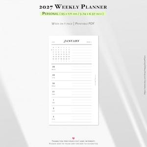 May include: A 2027 weekly planner printable PDF in personal size measuring 95 by 171 mm. The layout features a January calendar overview at the top with a week-on-one-page format, including lined sections for daily scheduling from Monday to Sunday.