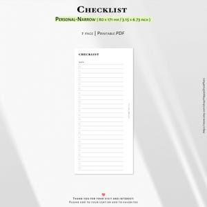 Può includere: Un elenco di controllo PDF stampabile bianco con il titolo "CHECKLIST" in alto. L'elenco di controllo è etichettato "PERSONAL-NARROW (80 x 171 mm)" e presenta linee e cerchi per i segni di spunta. È visibile anche il testo "1 PAGE | PRINTABLE PDF".