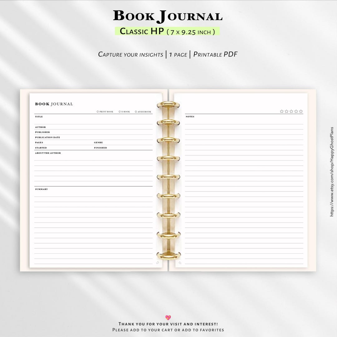 Book Journal Template, Printable Classic-hp PDF – 2 Page Reading Log ...