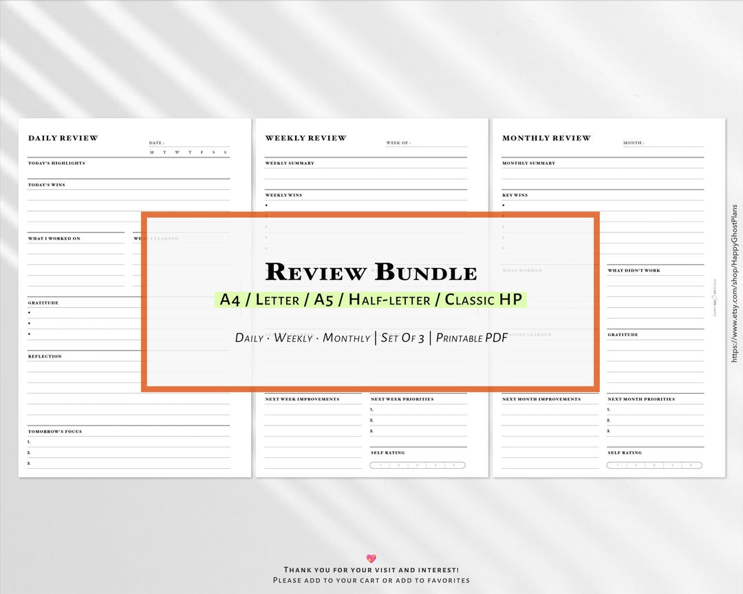 Daily Weekly Monthly Review Pages: Minimalist Reflection | A4, A5 ...