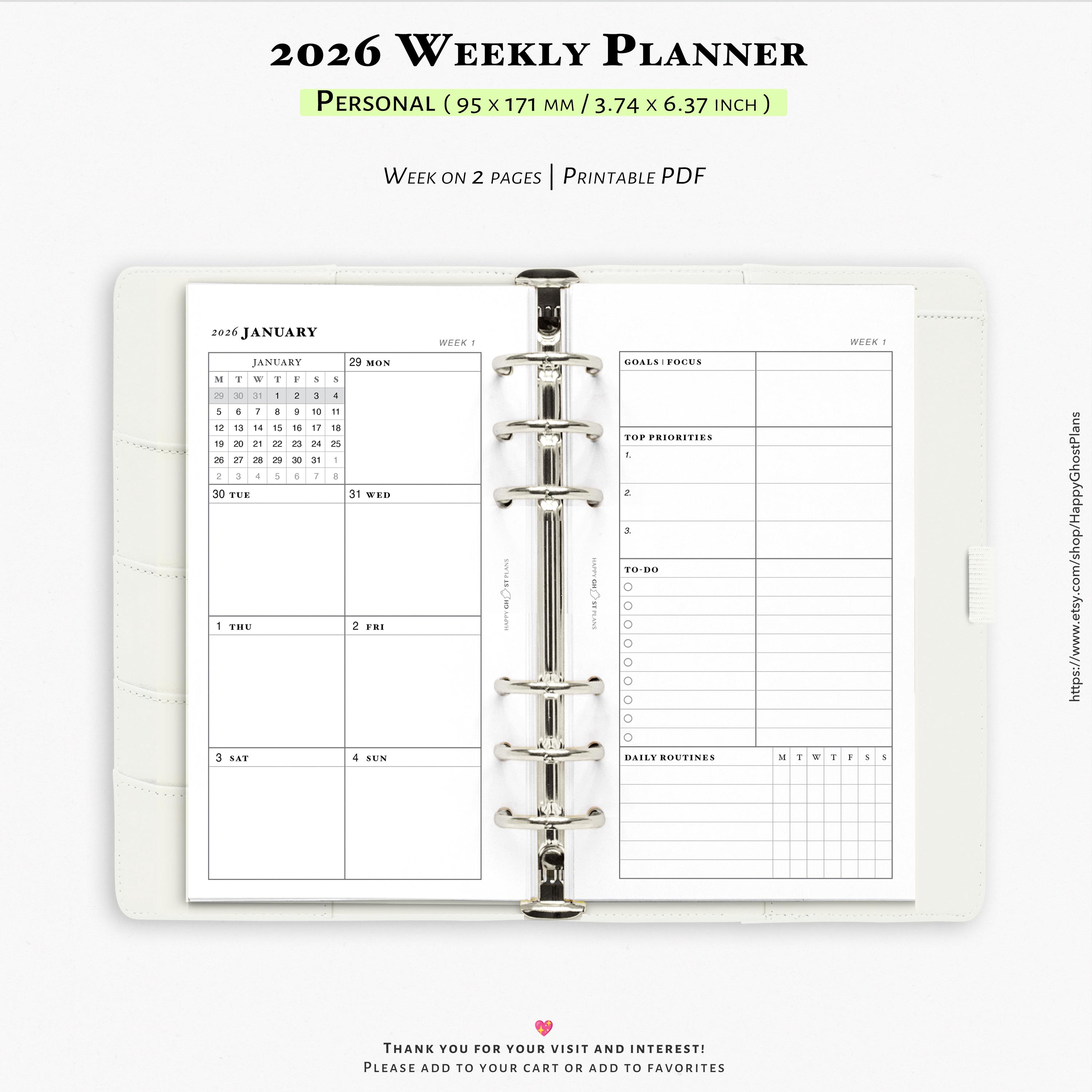2026 Weekly Planner: Printable Personal-size Planner Inserts | WO2P ...