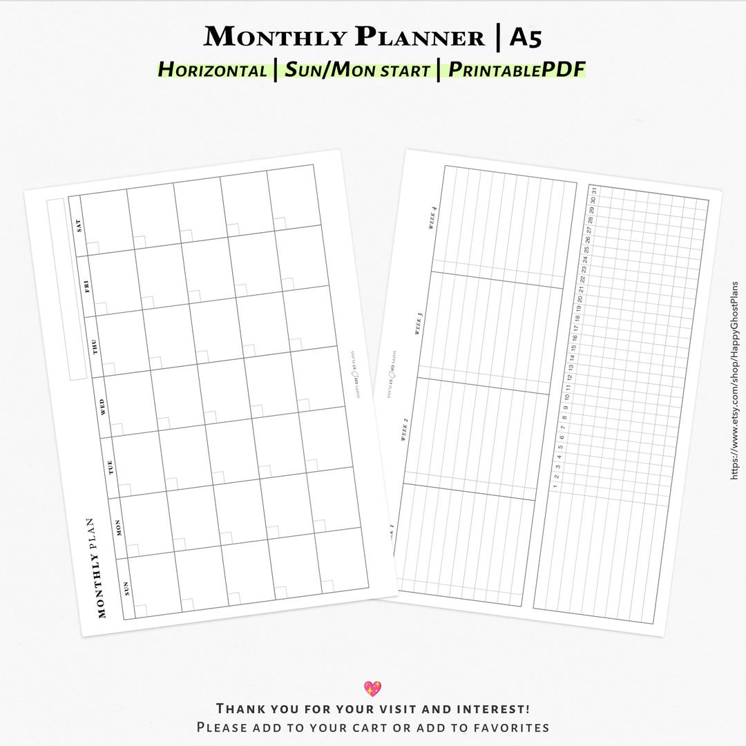 A5 Monthly Planner Horizontal: Printable Planner Insert (PDF Download