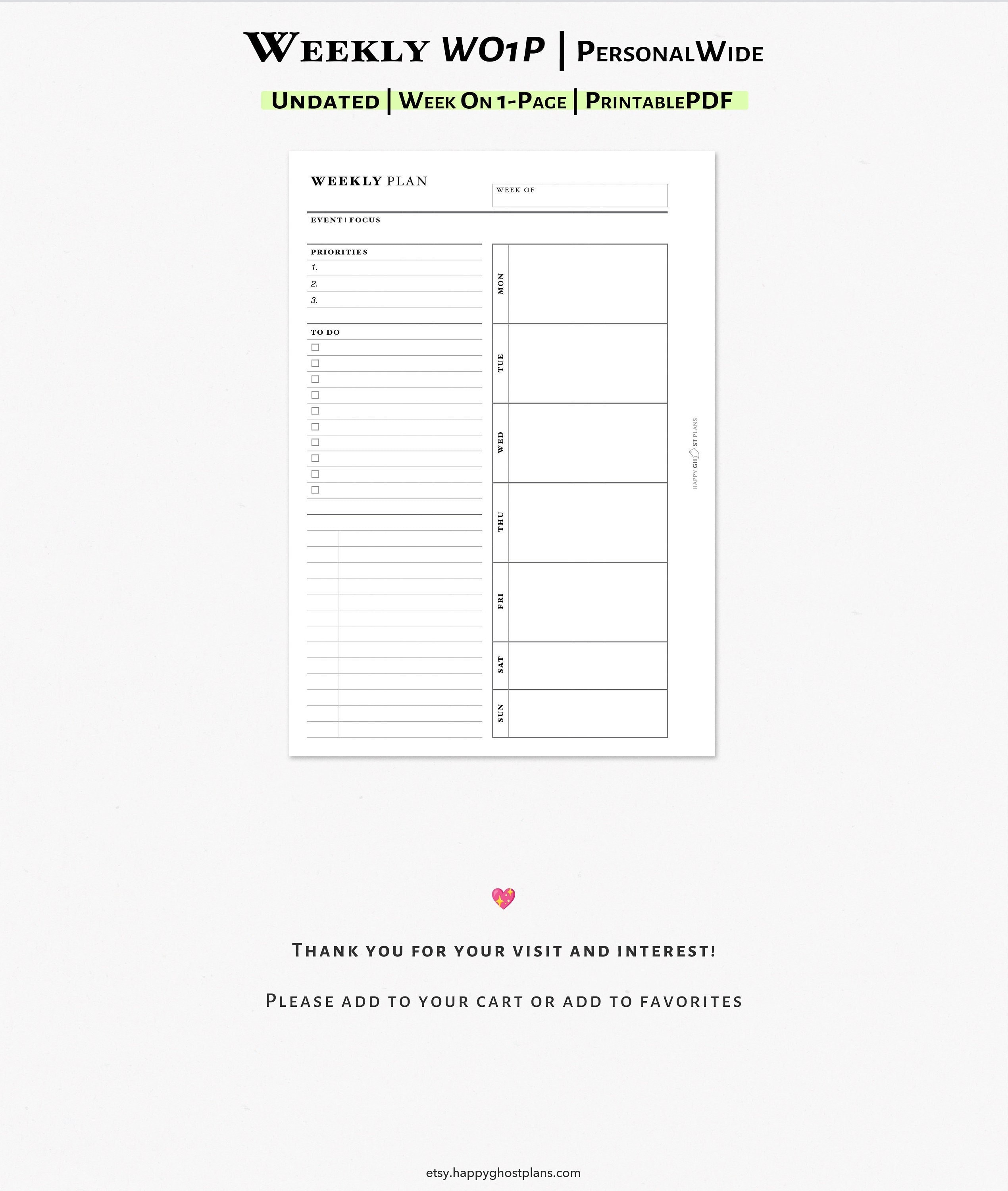 One-page Weekly Planner Printable Insert for Personal-wide Planner ...