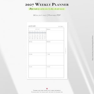 May include: A 2027 weekly planner printable PDF in A5 size, measuring 148.5 by 210 mm. The layout features a January calendar overview and a week-on-one-page format with dedicated sections for Monday through Sunday, presented in black and white.