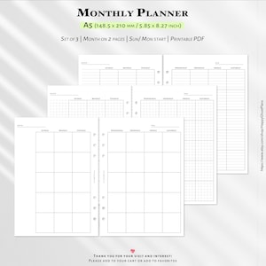 May include: A set of three A5 monthly planner inserts measuring 5.85 by 8.27 inches. The white paper features black grid lines, a month and year header, and days of the week. The text reads Monthly Planner, Set of 3, Month on 2 pages, Sun/Mon start, Printable PDF.
