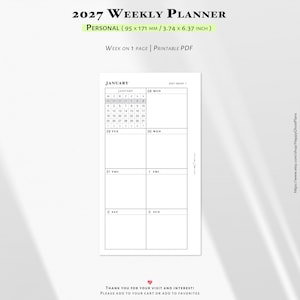 May include: A 2027 weekly planner printable PDF in personal size, measuring 3.74 by 6.37 inches. The layout features a January calendar overview and a week-on-one-page format with sections for Monday through Sunday, presented in black and white.