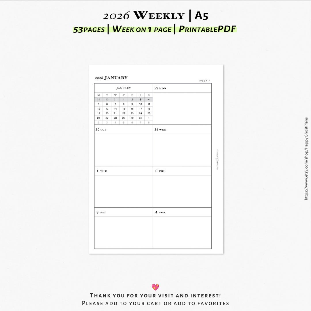 2026 Weekly Planner: Printable A5 Planner Inserts (PDF Download) | W109 ...