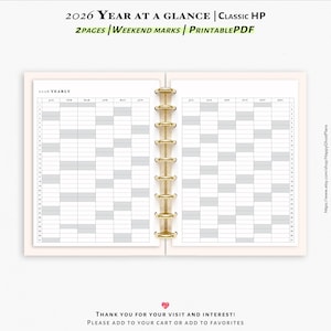 2026 Year at a glance, the weekend marked, Printable inserts for Classic Happy-planner | Y103
