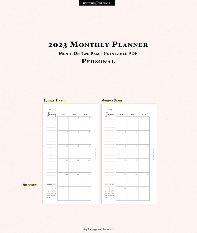 2023 Monthly Calendar Printable Personal Size Inserts Two - Etsy