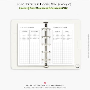 2026 Future logs, 7-pages, Printable inserts for Mini size planner | Y112