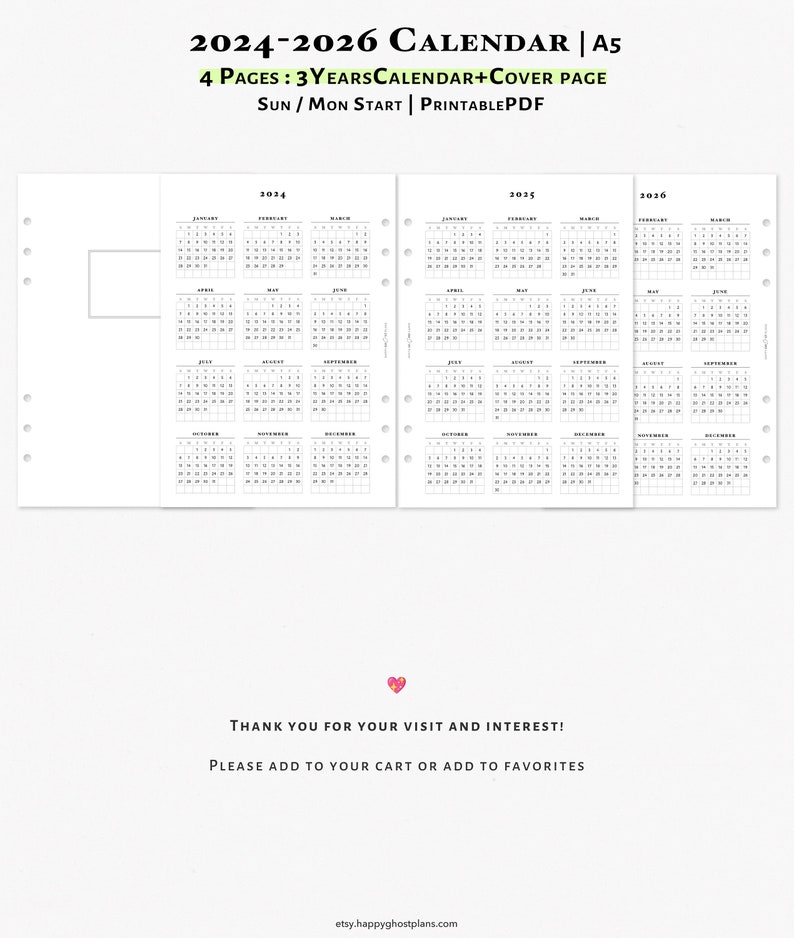 Year at a Glance 202420252026 Printable Calendar for A5 Etsy Australia