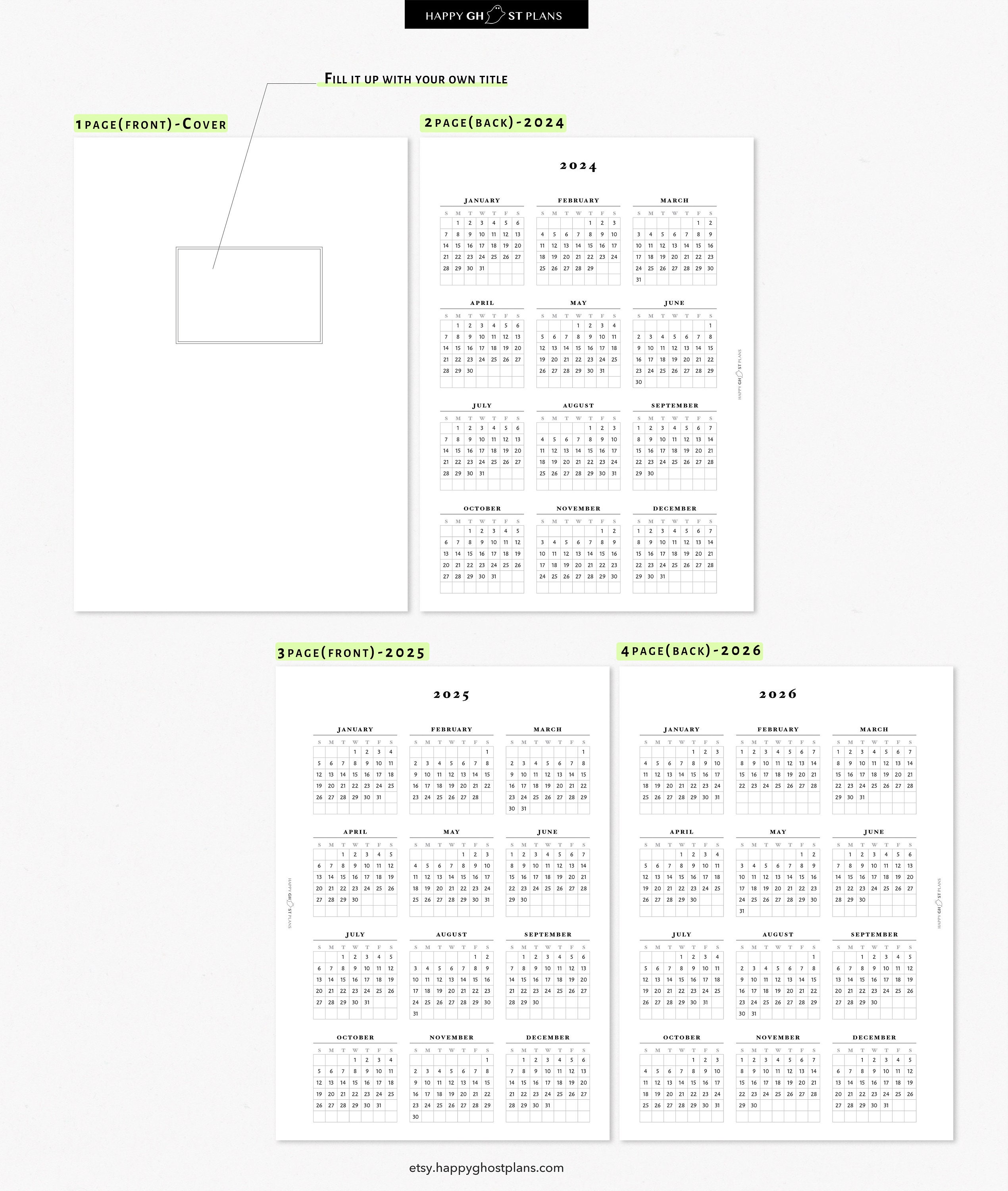 Year at a Glance 202420252026 Printable Calendar for A5 Planner Insert Y101 Etsy
