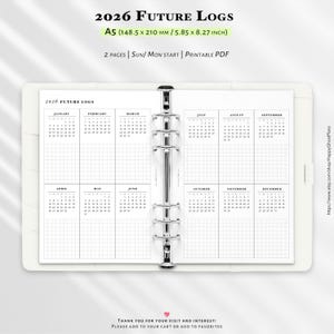 Peut inclure: Insert de planificateur A5 blanc avec un design "2026 Future Logs". L'insert présente une mise en page en grille avec des calendriers mensuels et de l'espace pour les notes. Dimensions : 148,5 x 210 mm. Le texte comprend "2 PAGES | SUN/MON START | PRINTABLE PDF".