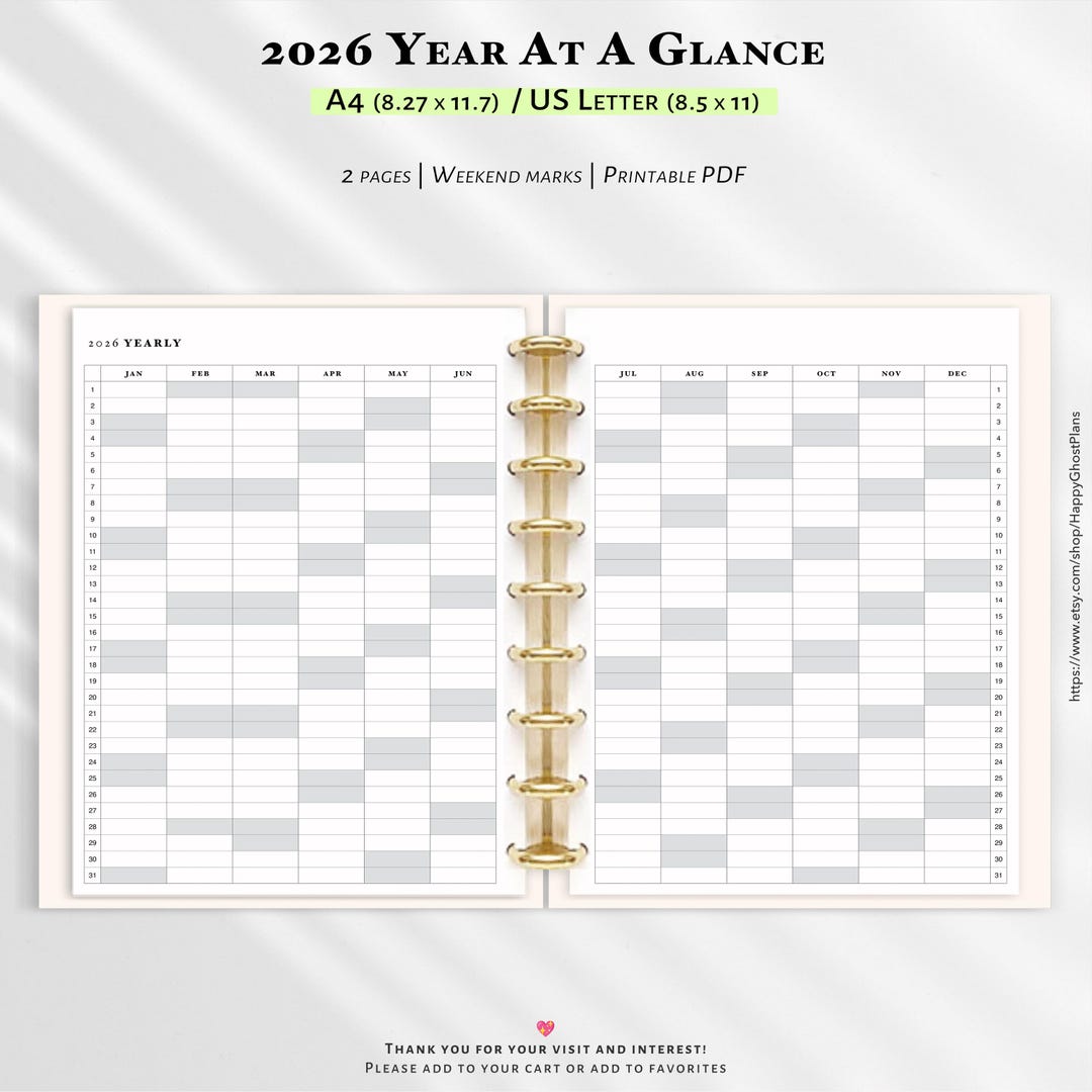 2026 Yearly Calendar: Year at a Glance Planner, Printable A4, Letter