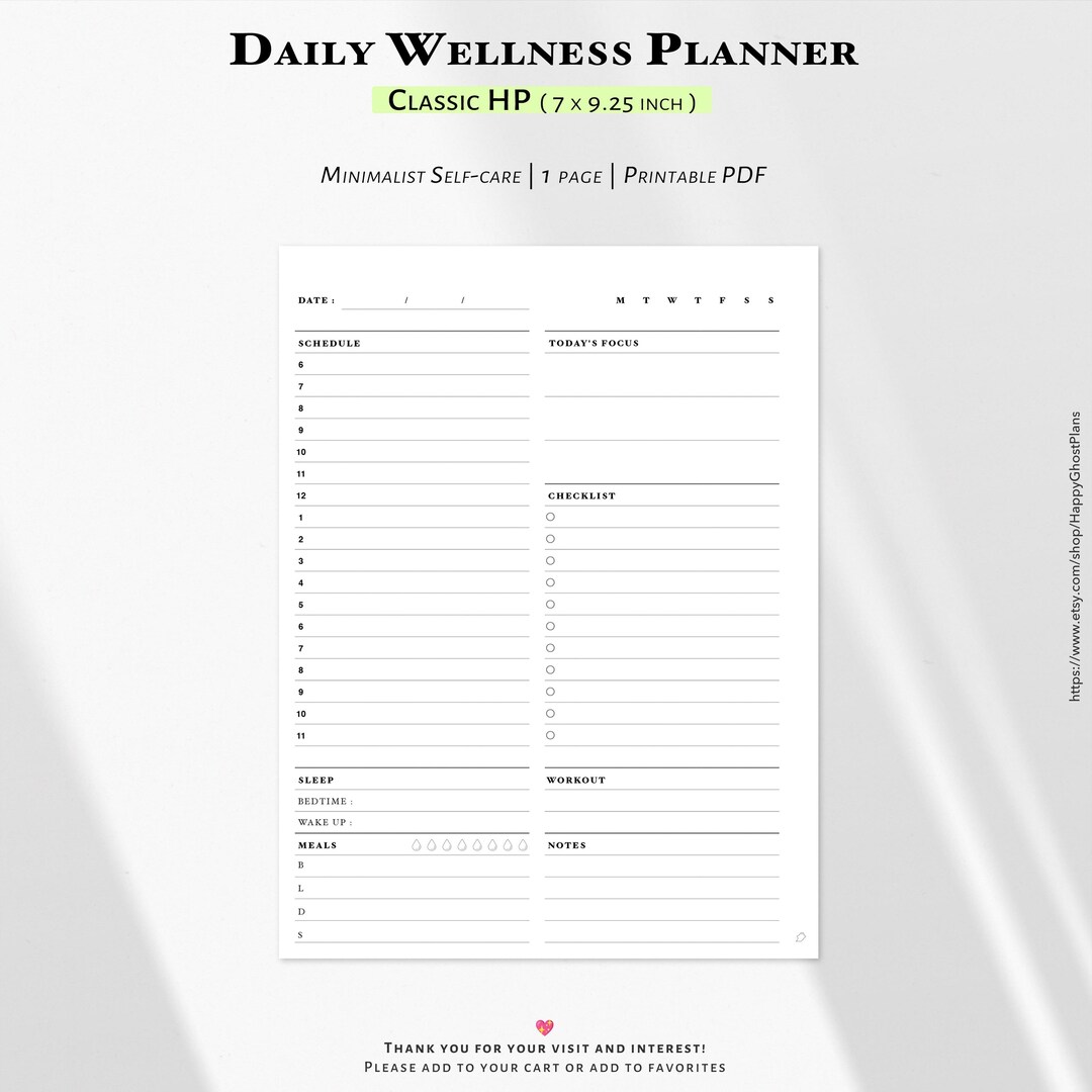 Minimalist Daily Planner Printable | Self Care, Classic HP (PDF Pattern ...