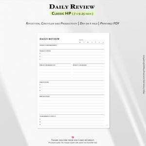 May include: A white printable PDF planner page titled "Daily Review." The page includes sections for daily highlights, wins, work, learning, gratitude, reflection, and tomorrow's focus. The planner is 17.78 x 23.5 cm.