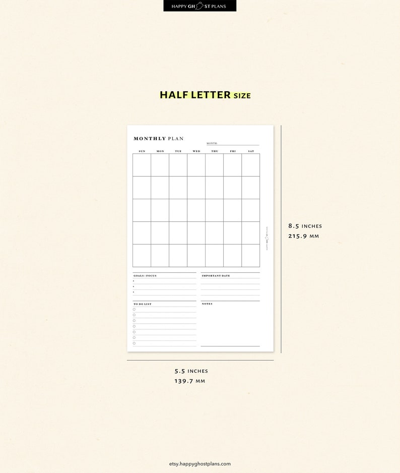 Monthly Planner Printable Half Letter Inserts Month on One - Etsy