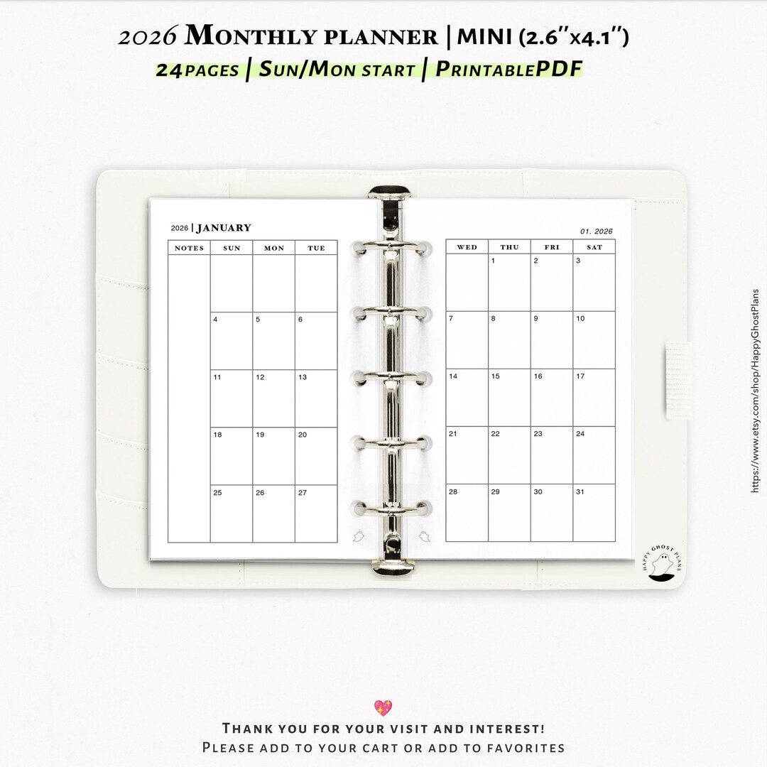 2026 Monthly Planner, Printable Inserts for Mini Size Planner | M001 - Etsy