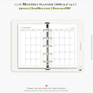 2026 Monthly planner, Printable inserts for Mini size planner | M001