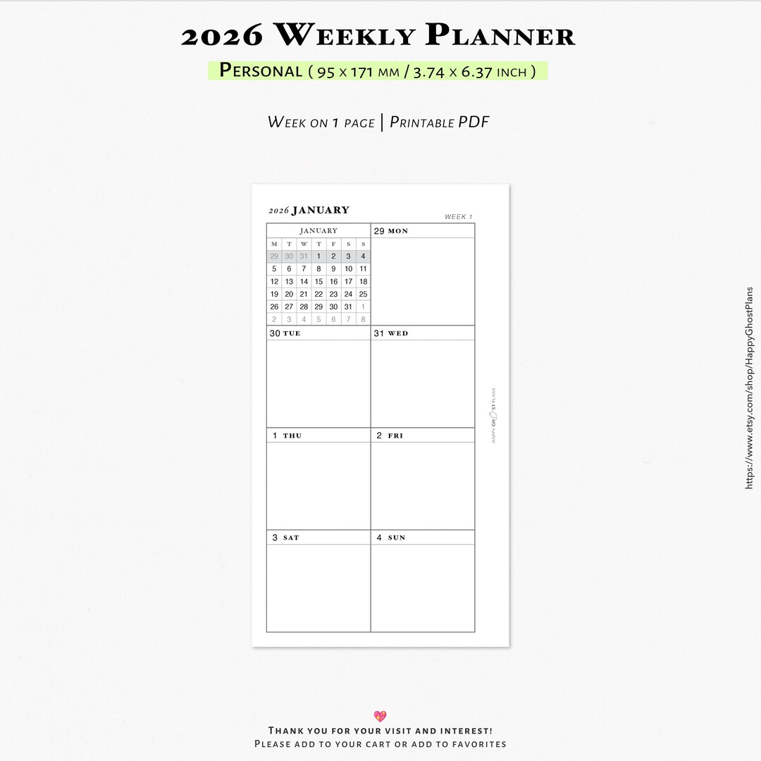 2026 Weekly Planner: Printable Personal Size Planner Inserts (PDF ...
