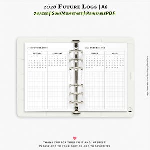 2026 Future logs, 7-pages, Printable inserts for A6 Planner | Y112