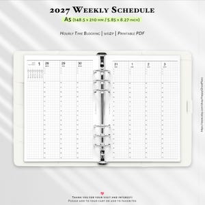 May include: A 2027 weekly schedule planner in A5 size, measuring 5.85 by 8.27 inches. The open binder features a grid layout with hourly time blocking for each day of the week, including a small monthly calendar and checkboxes for tasks.