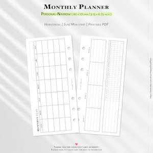 Könnte beinhalten: Ein weißer, druckbarer PDF-Monatsplaner mit einem Rasterlayout für die tägliche und wöchentliche Planung. Der Planer trägt die Bezeichnung "Monthly Planner" und hat die Maße 80 x 171 mm. Er ist für ein horizontales Layout konzipiert.