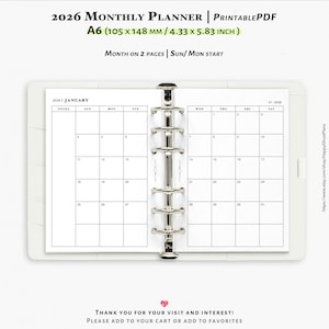 2026 Monthly planner, Printable inserts for A6 planner | M001