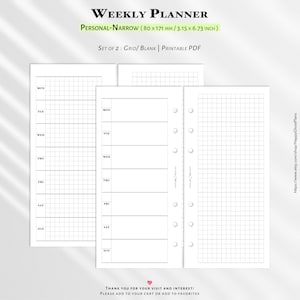 Könnte beinhalten: Drei weiße, bedruckbare Planerseiten. Der Text oben lautet "WEEKLY PLANNER" und "PERSONAL-NARROW (80 x 171 mm)". Die Seiten enthalten Raster- und leere Layouts für die Wochenplanung. Der Text "SET OF 2: GRID/BLANK | PRINTABLE PDF" ist ebenfalls sichtbar.
