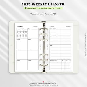 May include: A 2027 weekly planner insert measuring 3.74 by 6.37 inches, featuring a two-page layout with a January calendar, daily scheduling sections, goal tracking, top priorities, to-do lists, and daily routines in a printable PDF format.