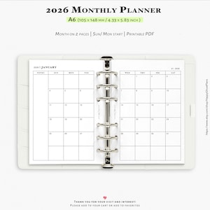 2026 Monthly planner, Printable inserts for A6 planner | M001