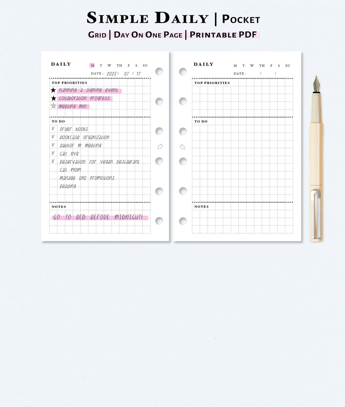 One Page Daily Planner Printable Pocket Size Insert Undated Etsy