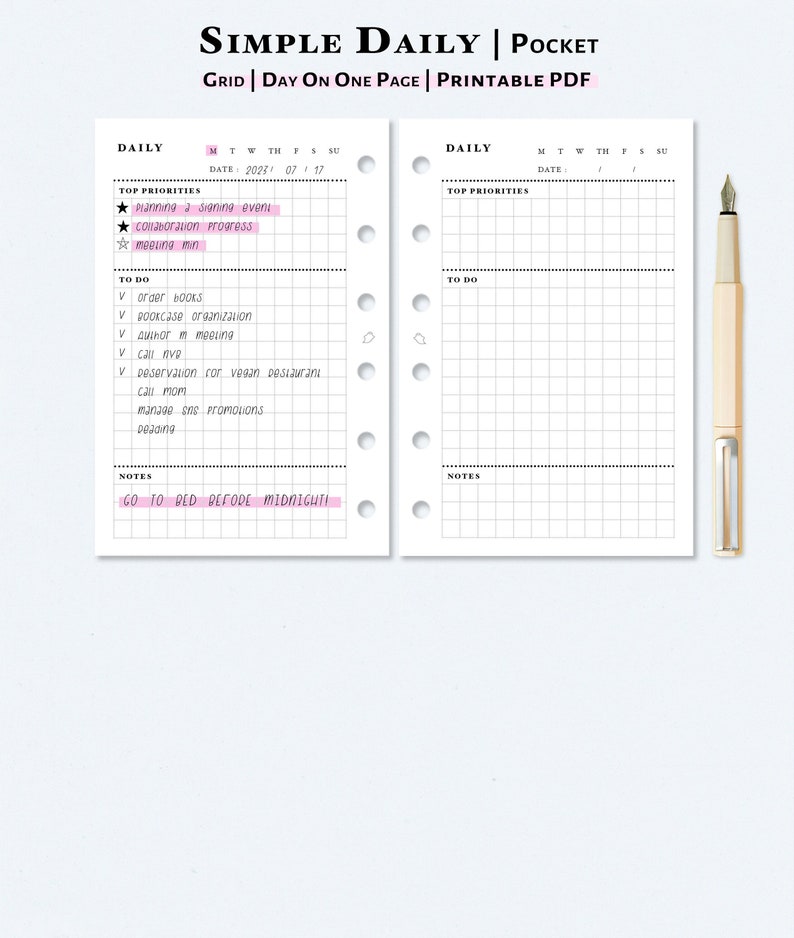 One Page Daily Planner Printable Pocket Size Insert Undated - Etsy