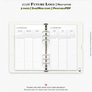 2026 Future logs, 5-pages, Printable inserts for Half-letter planner | Y112