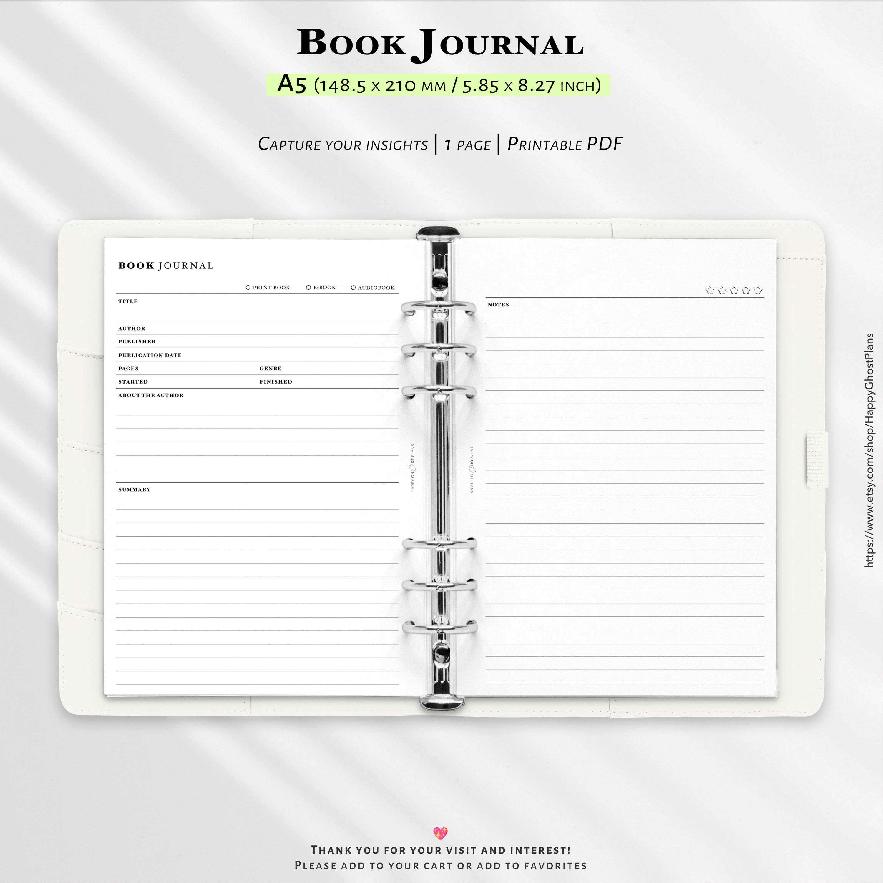 Book Journal Template, Printable A5 PDF – 2 Page Reading Log, Summary ...