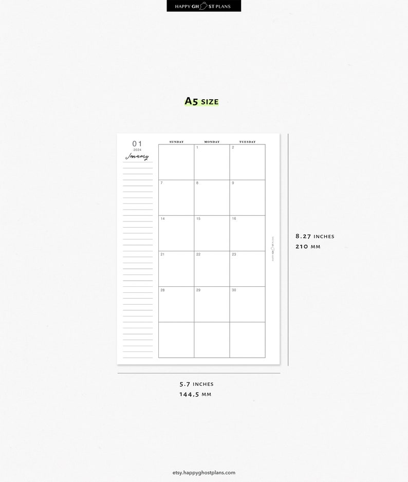 2024 Monthly Calendar Printable Insert for A5 Planner Two Page Calendar ...