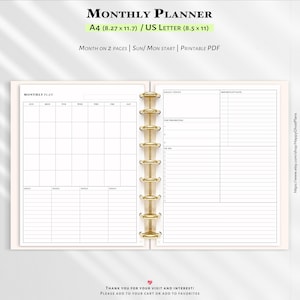 Puede incluir: Un planificador mensual beige con una encuadernación dorada. El planificador incluye secciones para planes mensuales, objetivos y listas de tareas. El texto en la parte superior dice "Monthly Planner" y especifica los tamaños A4 y US Letter. El planificador es imprimible.