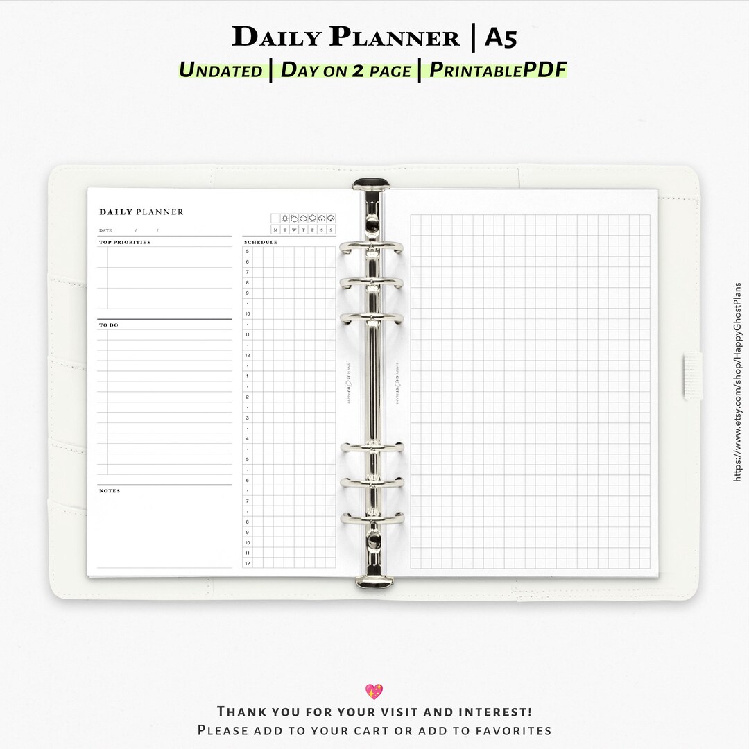A5 Daily Planner Insert: Printable Undated Grid Journal (PDF Printable ...