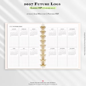 May include: A 2027 future log planner insert with two pages featuring a grid layout for each month from January to December. The planner is held together by gold-colored discs and measures 7 by 9.25 inches, offering a Sunday or Monday start.