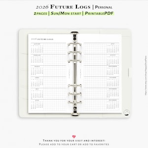 2026 Future logs, Printable inserts for Personal size planner | Y106