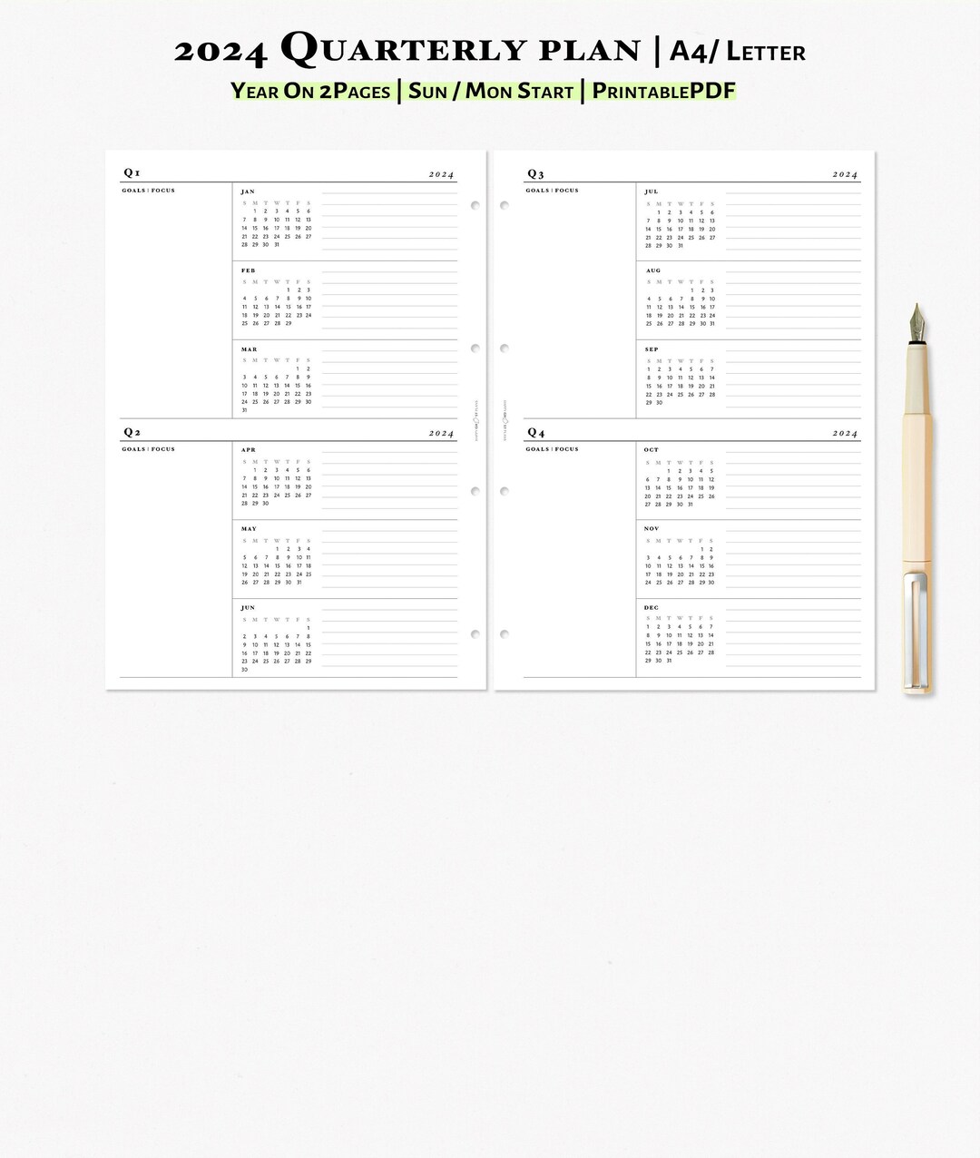 2024 Quarterly Goal Planner Printable A4 Letter Size Inserts - Etsy