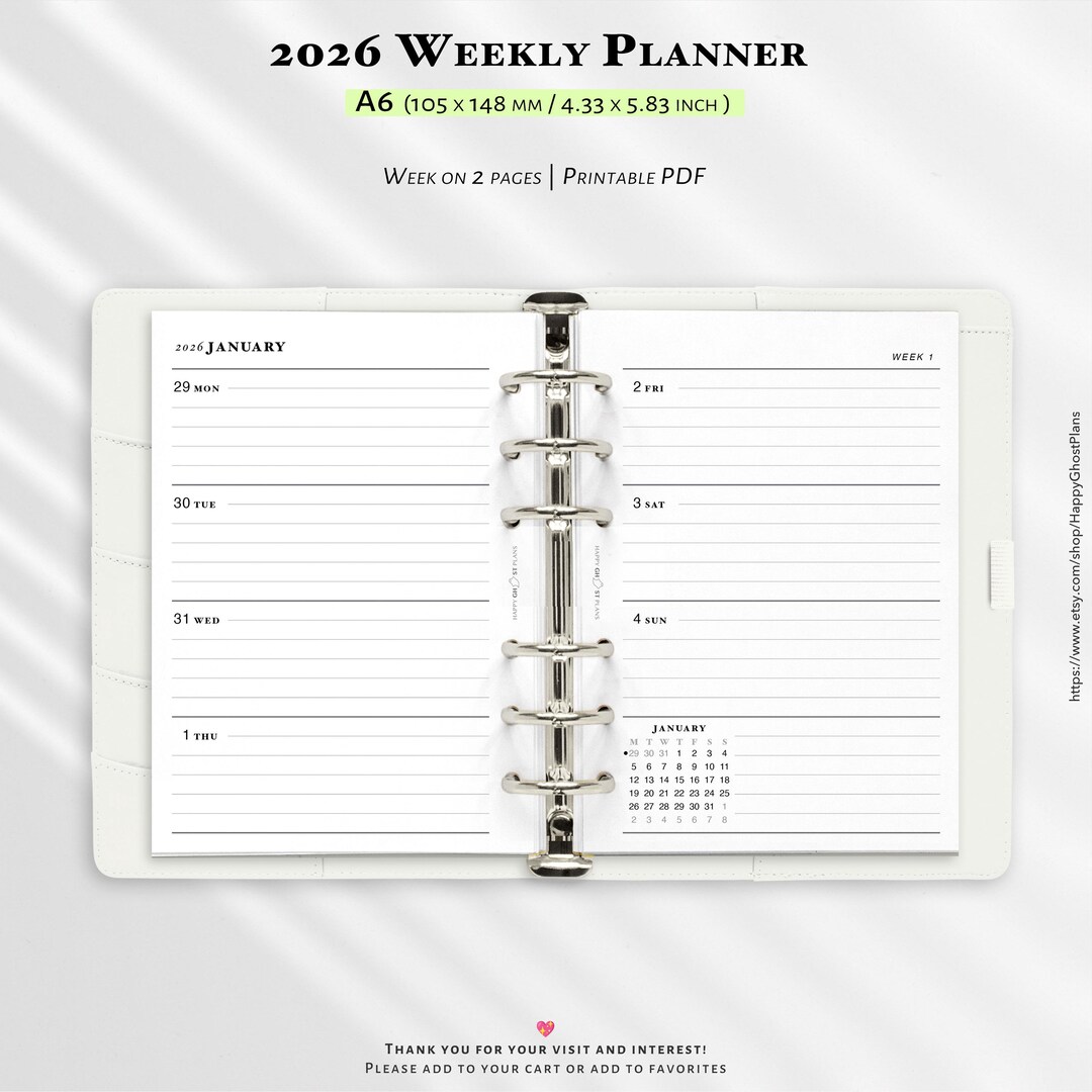 2026 Weekly Planner, Printable Inserts for A6 Planner | W101 - Etsy