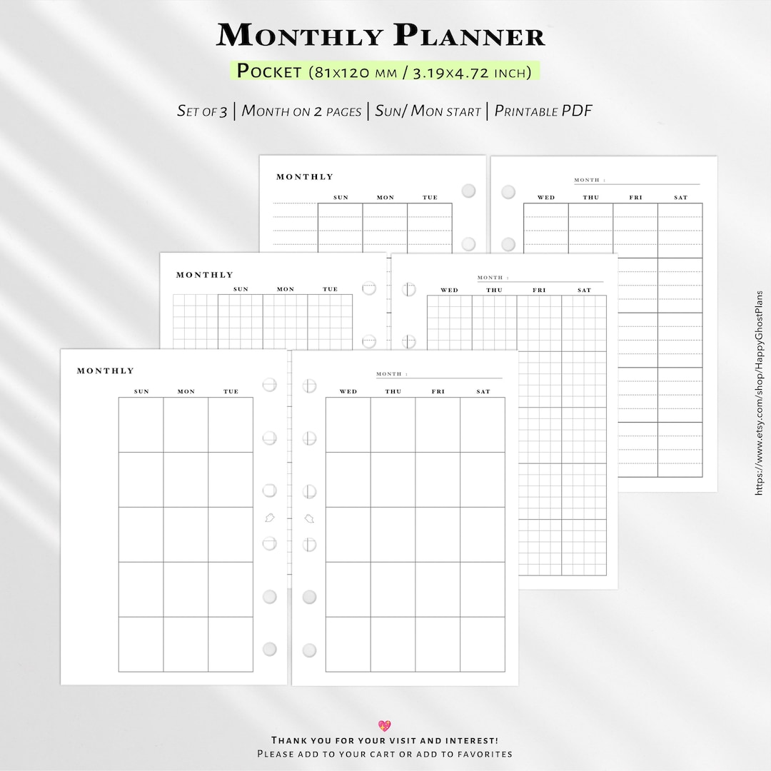 Pocket Monthly Planner Inserts | Undated Two Page Calendar Set of 3 ...