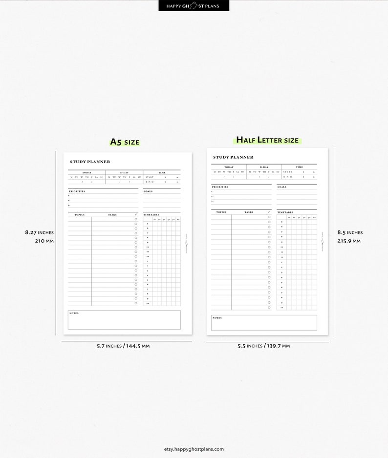 Study Planner Printable A5, A4, Letter, Half Size Students Daily Planner School Planner College