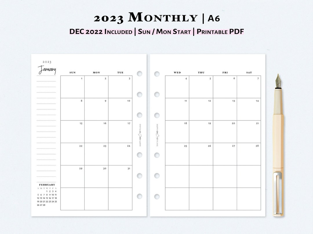 2023 Monthly Calendar Printable A6 Size Inserts 2023 Two - Etsy
